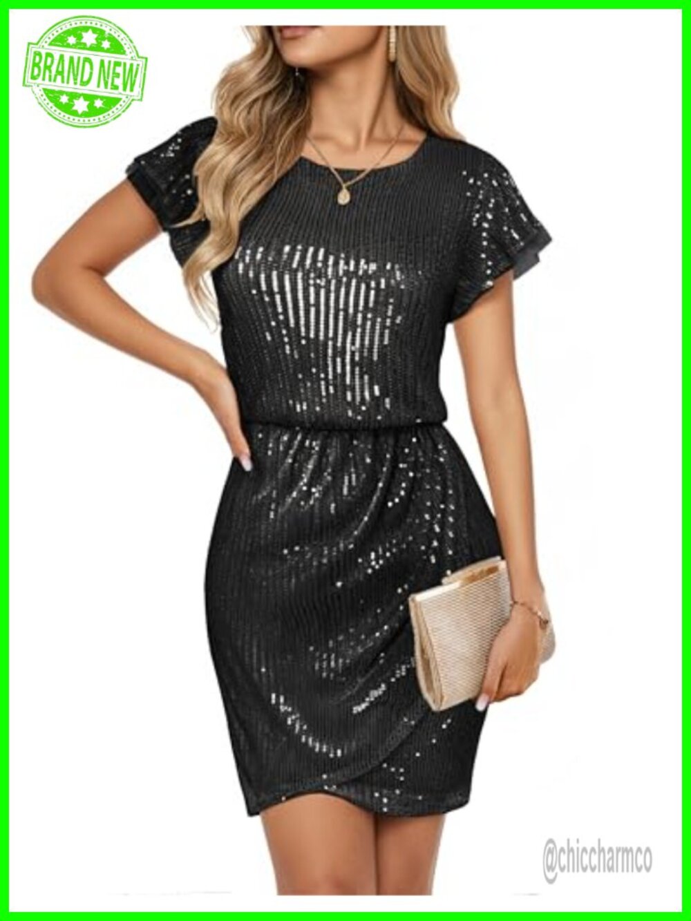 Sparkly Sequin Midi Dress Cap Sleeve Crew Neck